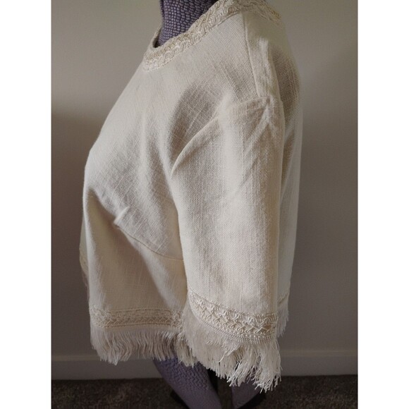 Boden Cream Linen Top Fringe Trim Crop Simple Luxury Boho Size 8 EUC - Picture 4 of 7